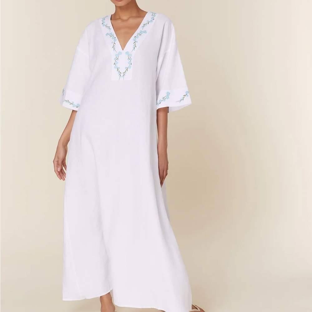 NWT Fanm Mon x Andie Linen Kepez Kaftan Dress White Breezy Resort Wear - Picture 8 of 14